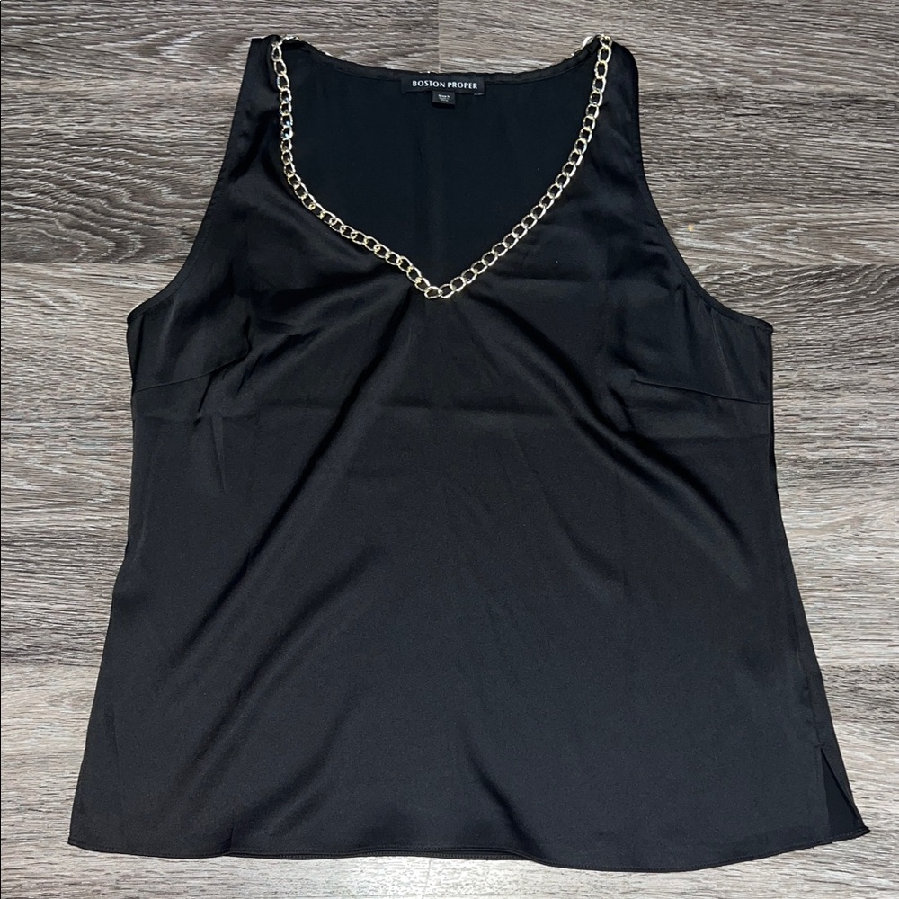 Boston Proper Black Satin Camisole with Gold Chain Neck line - Picture 2 of 9